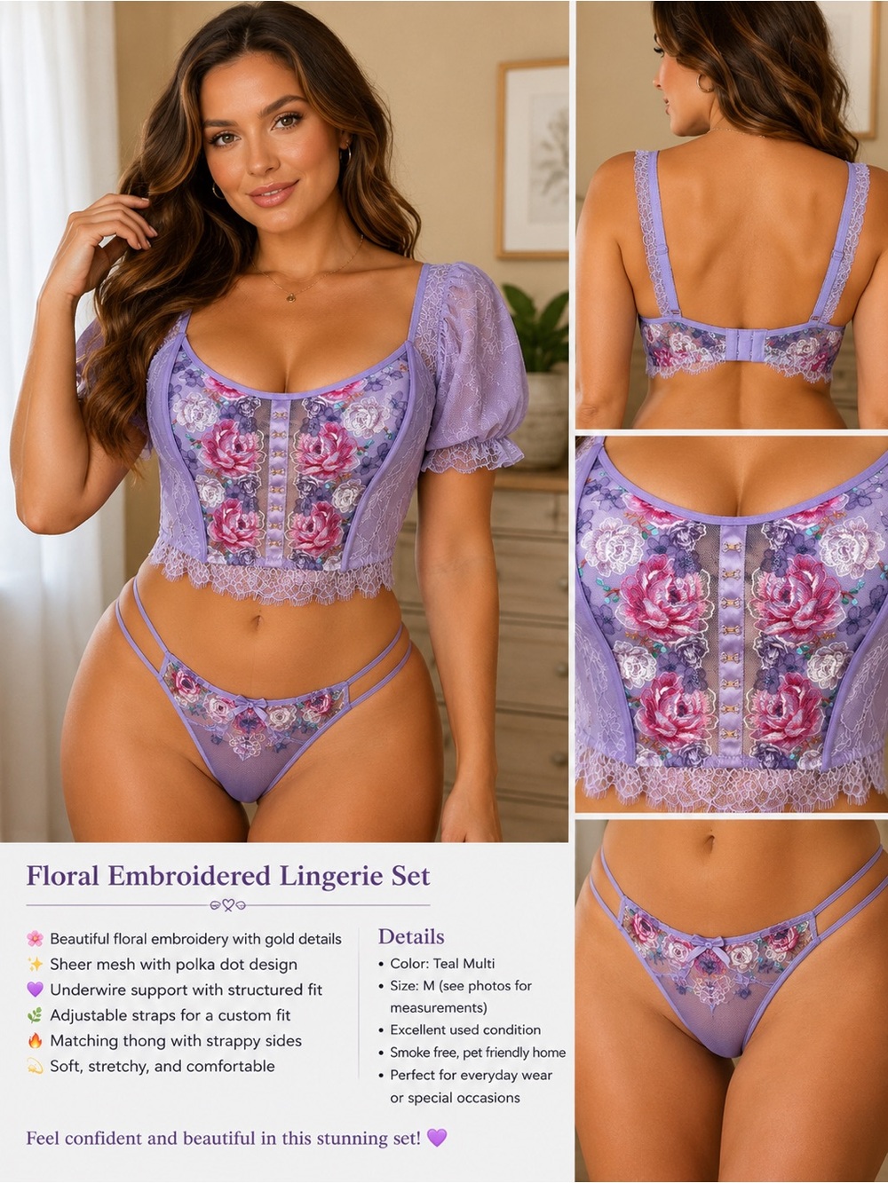 Victoria's Secret Lavender Floral Embroidered Lingerie Set
